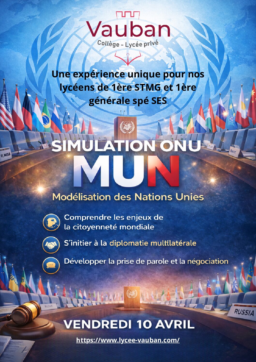 🌍 Simulation ONU – Modélisation des Nations Unies (MUN) – Vendredi 10 Avril